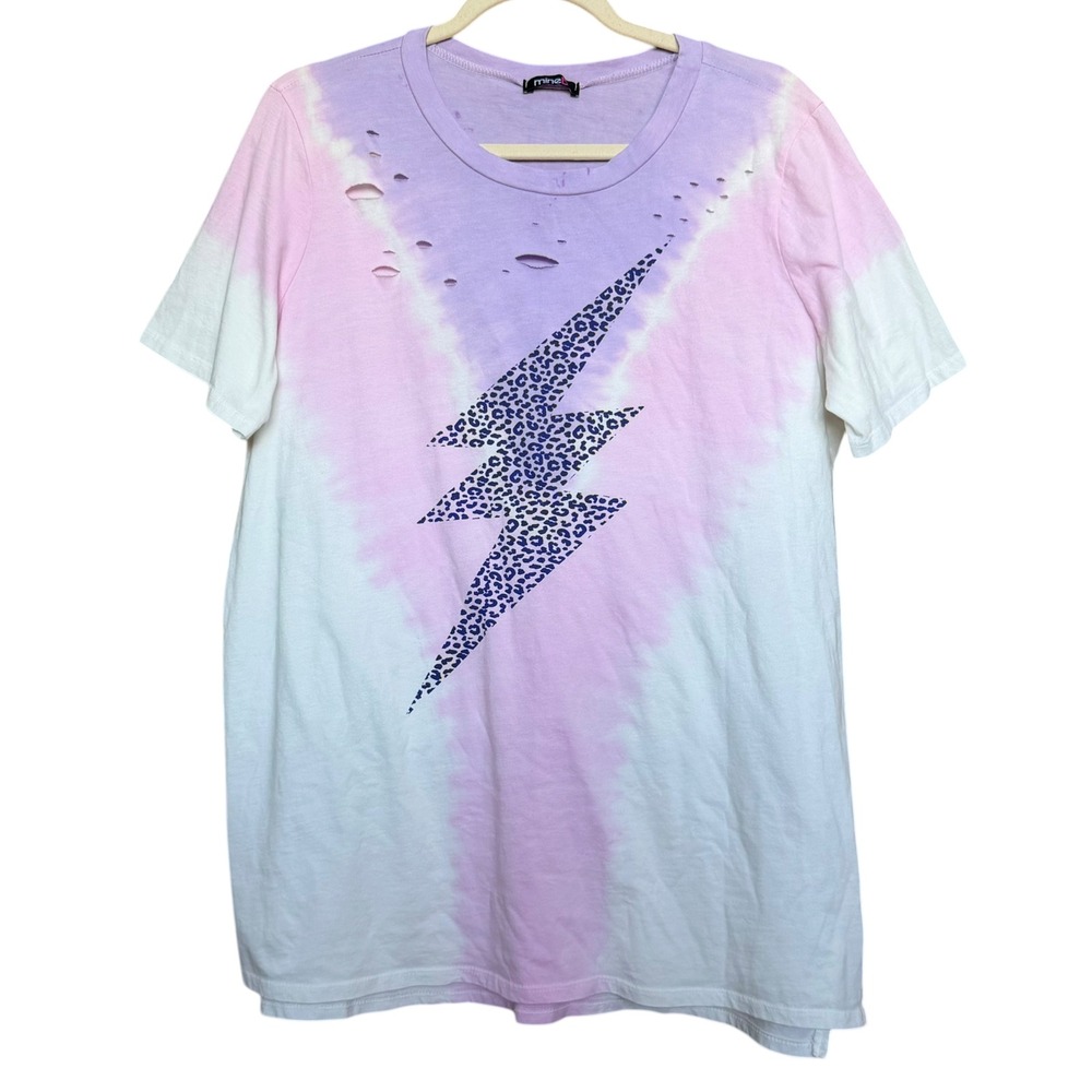 Mine B Lightning Bolt Tie Dye Distressed T-Shirt Purple/Pink - Large (NEW)